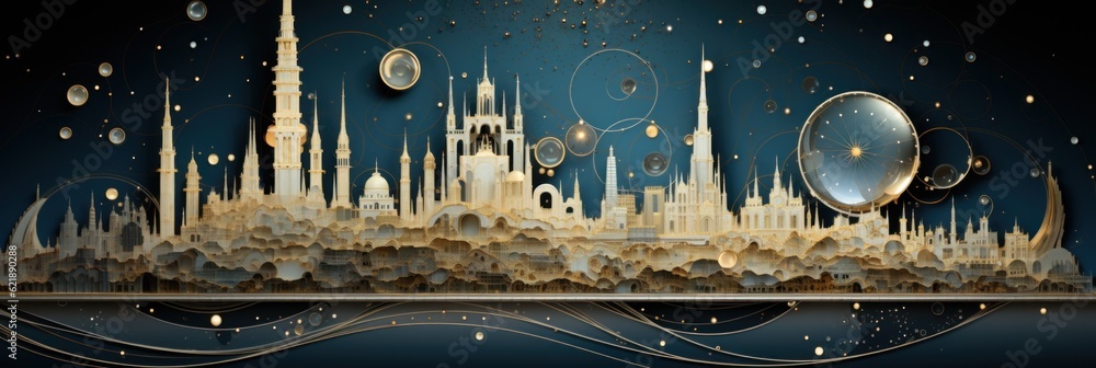 Poster a picture of a city with a clock in the middle of it. generative ai image.