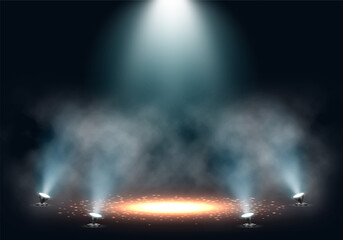 Fototapeta na wymiar Spotlights. Scene for presentation illuminated by spotlights with smoke. Vector illustration.