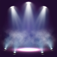 Spotlights. Scene for presentation illuminated by spotlights with smoke. Vector illustration. - obrazy, fototapety, plakaty