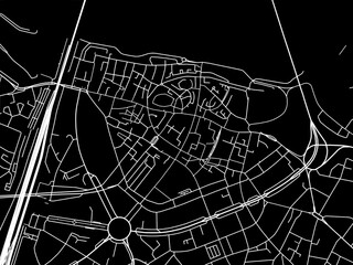 Vector road map of the city of  Nijmegen Centrum in the Netherlands with white roads on a black background.