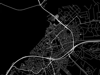 Vector road map of the city of  Harderwijk in the Netherlands with white roads on a black background.