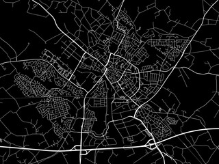 Vector road map of the city of  Doetinchem in the Netherlands with white roads on a black background.
