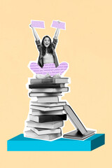 Creative collage of young funky student girl celebrate pass her last exam sitting pile books read...