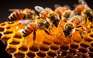 A close up of bees on a honeycomb. AI