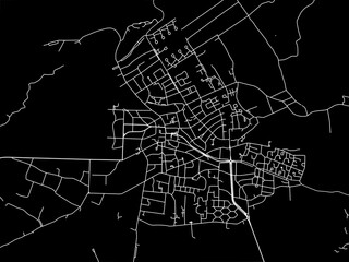 Vector road map of the city of  Bergen in the Netherlands with white roads on a black background.