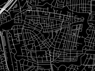 Vector road map of the city of  Leiden Centrum in the Netherlands with white roads on a black background.