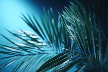 Obraz premium Blurred shadow from palm leaves on the blue wall. Minimal abstract background for product presentation. Ai generative.