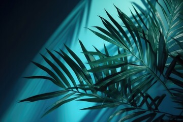 Blurred shadow from palm leaves on the blue wall. Minimal abstract background for product presentation. Ai generative.