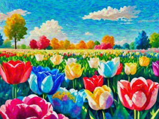 Original watercolor painting of colorful tulip field in the meadow, Spring landscape. Modern Impressionism. Hand-Drawing.
