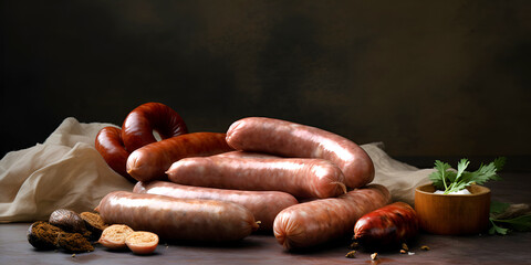 Assorted raw homemade sausages on dark background with copy space