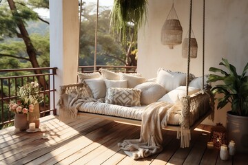 A porch swing with pillows and a blanket on it. AI