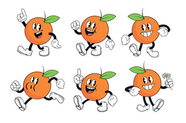 Naklejka premium set of six vintage, cartoon-style orange characters with smiling faces and limbs. The characters are depicted in a variety of energetic poses, including running and pointing, vector