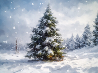 Fototapeta premium Natural Christmas tree in a snowy forest, Generative AI, generative artificial intelligence