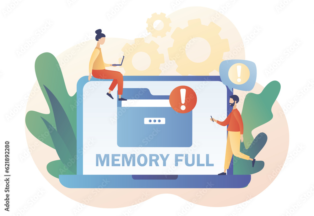Poster folder full on laptop. memory space full notification. cleaning computer memory or storage. modern f