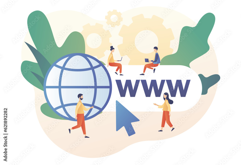 Poster world wide web. globe internet search concept. www icon. tiny people looking for information on webs