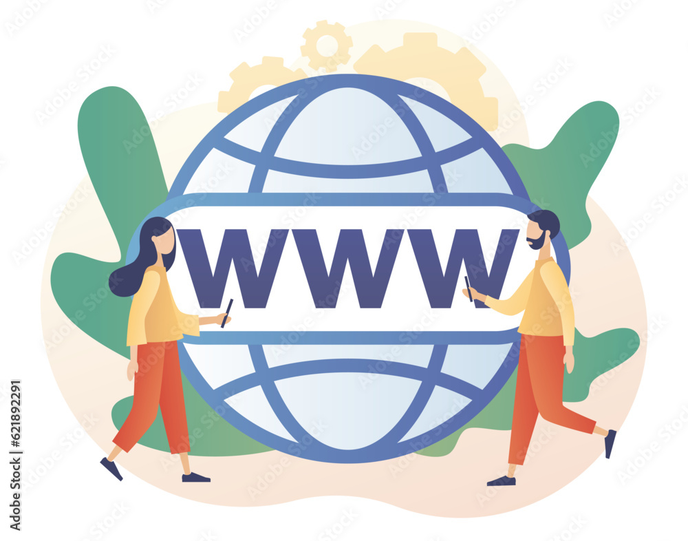 Poster world wide web. globe internet search concept. www icon. tiny people looking for information on webs