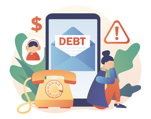 Debt collection. Tiny woman who doesn't pay bills. Letter from collector agency on smartphone screen. Financial problems, debts and loans. Modern flat cartoon style. Vector illustration 