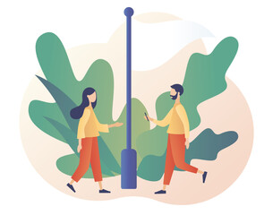 White flag. Tiny people surrendering or giving up on relationships, partnership, business. Give up or surrender metaphor. Psychology concept. Modern flat cartoon style. Vector illustration 