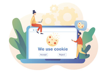 We use cookies policy notification pop up on laptop screen. Confidential Information. Protection of personal information cookie. Modern flat cartoon style. Vector illustration on white background
