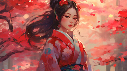 Generative ai. Asian girl traditional kimono and cherry garden