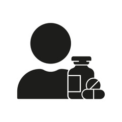 Medicine and Treatment Silhouette Icon. Antibiotic Prescription for Sick Patient Glyph Pictogram. Person with Drug Medication Solid Symbol. Pharmacy Pills Sign. Isolated Vector Illustration