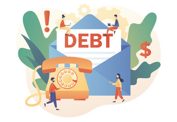 Debt collection. Tiny people who doesn't pay bills. Big letter from collector agency. Financial problems, debts and loans. Modern flat cartoon style. Vector illustration on white background