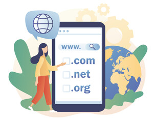 Tiny woman choose, find, purchase, register website domain name in snartphone app. Domain registration concept. Online hosting service. Modern flat cartoon style. Vector illustration 