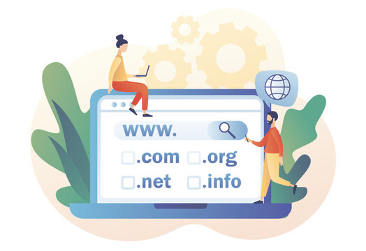 Tiny people choose, find, purchase, register website domain name on laptop. Domain registration concept. Online hosting service. Modern flat cartoon style. Vector illustration on white background