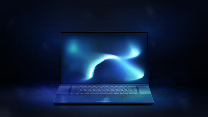 Realistic laptop in blue and dark scene. Computer laptop with screen for copy space text