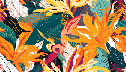 Trendy exotic jungle plants illustration pattern. Creative collage contemporary floral seamless pattern. Fashionable template for design. © Eli Berr