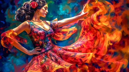 Foto op Canvas beautiful dancing sensual woman in a red dress, made with Generative AI © edojob