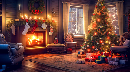 cozy Christmas interior with decorated tree, gifts and fireplace, made with Generative AI