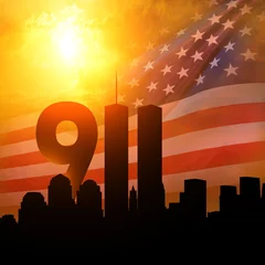Fotobehang Verenigde Staten Patriot Day. Background with New York City Silhouette. 3d Illustration.