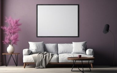 A living room with a gray couch and a purple wall. AI