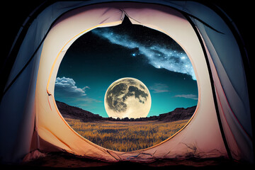 Fototapeta na wymiar View of the moon from an open tourist tent, hiking and traveling concept