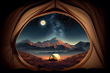 View of the moon from an open tourist tent, hiking and traveling concept