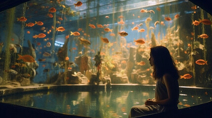A woman sitting in front of a fish tank, Generative AI