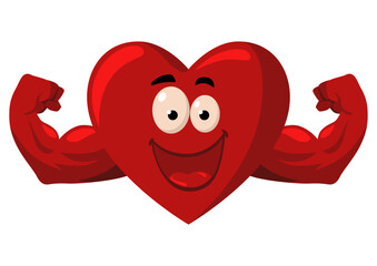 Funny cartoon character of a heart with muscular hands, vector illustration