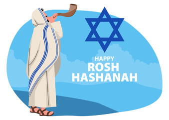 Clip art of Jewish man blowing the Shofar ram’s horn on Rosh Hashanah, vector illustration