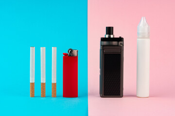 Regular cigarettes and electronic cigarette on color background