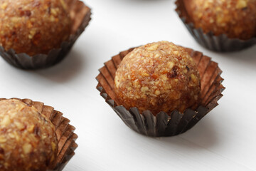 Healthy candies on white background close up