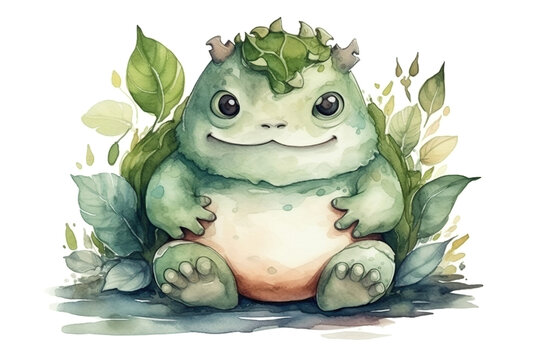 Watercolor cute baldur cartoon character, concept of Art style, created with Generative AI technology