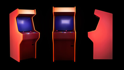 Arcade game machine, isolated rendering 3D views. Graphic elements with a neon retro aesthetic, ideal for promo edits, old style posters intros and backgrounds
