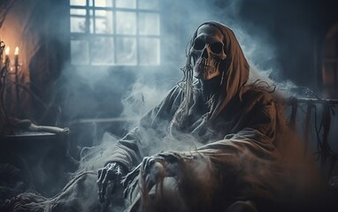 A skeleton sitting in a chair in a dark room. AI
