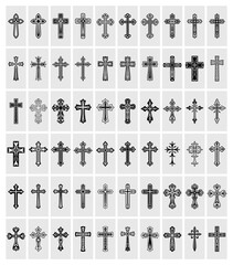 Flat Vector Christian Cross Icons. Line Silhouette Cut Out Black Christian Crosses Collection Isolated.