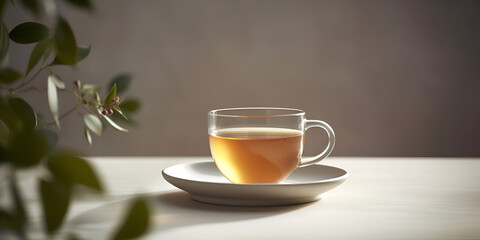 Freshly brewed tea in glass cup on the table