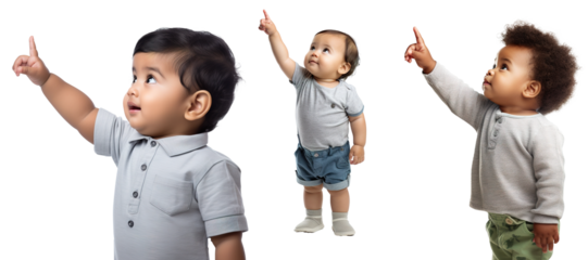 set of toddler kids of different ethnicities pointing their finger up, showing something. multicultural concept on transparent background