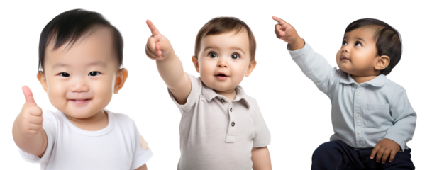 set of toddler kids of different ethnicities pointing their finger up, showing something. multicultural concept on transparent background
