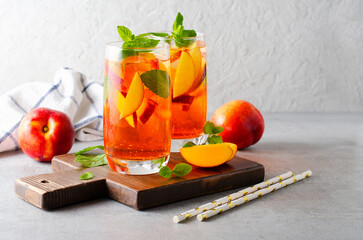 Peach Lemonade, Refreshing Drink, Cocktail, Iced Tea, Tasty Peach Cold Summer Drink on Bright...