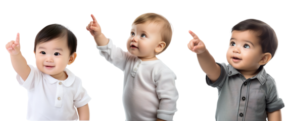 set of toddler kids of different ethnicities pointing their finger up, showing something. multicultural concept on transparent background